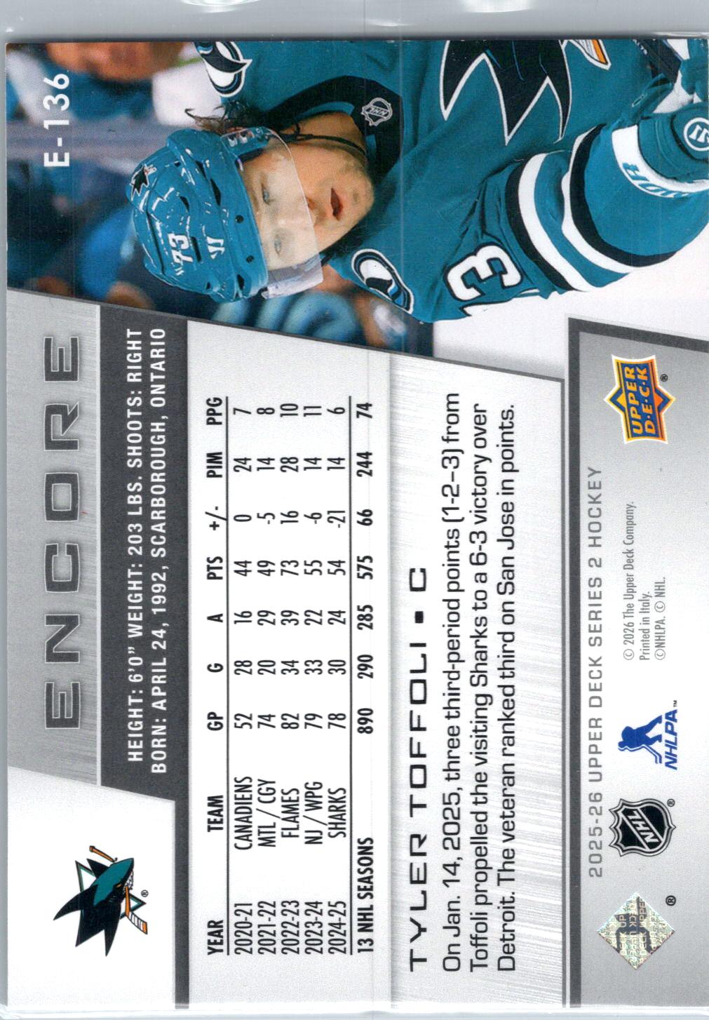 2025-26 Upper Deck #E-136 Tyler Toffoli Encore