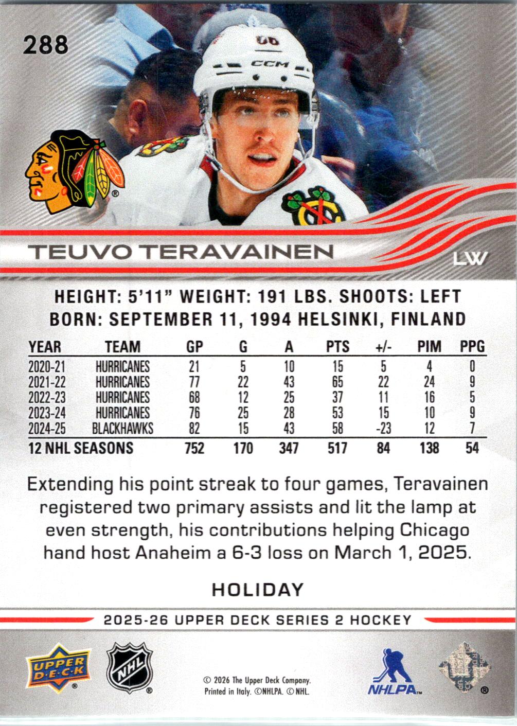 2025-26 Upper Deck #288 Teuvo Teravainen Holiday