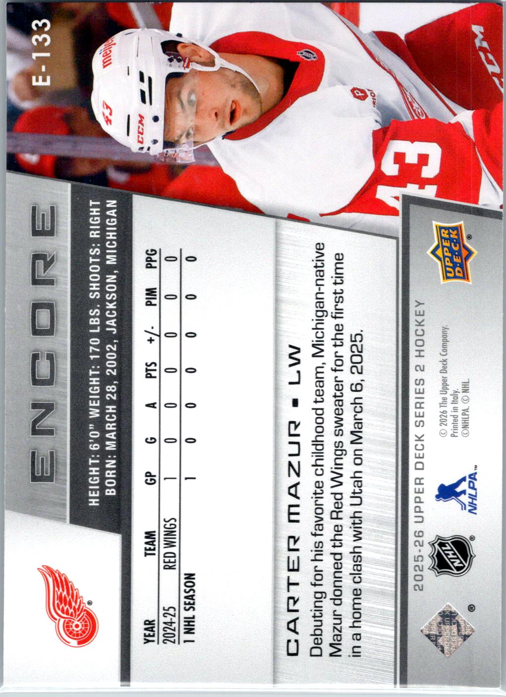2025-26 Upper Deck #E-133 Carter Mazur Encore Blue