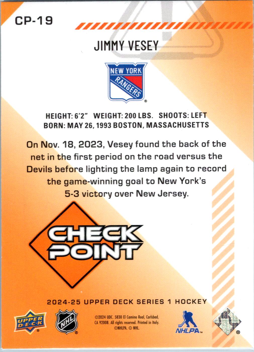 2024-25 Upper Deck #CP-19 Jimmy Vesey Checkpoint