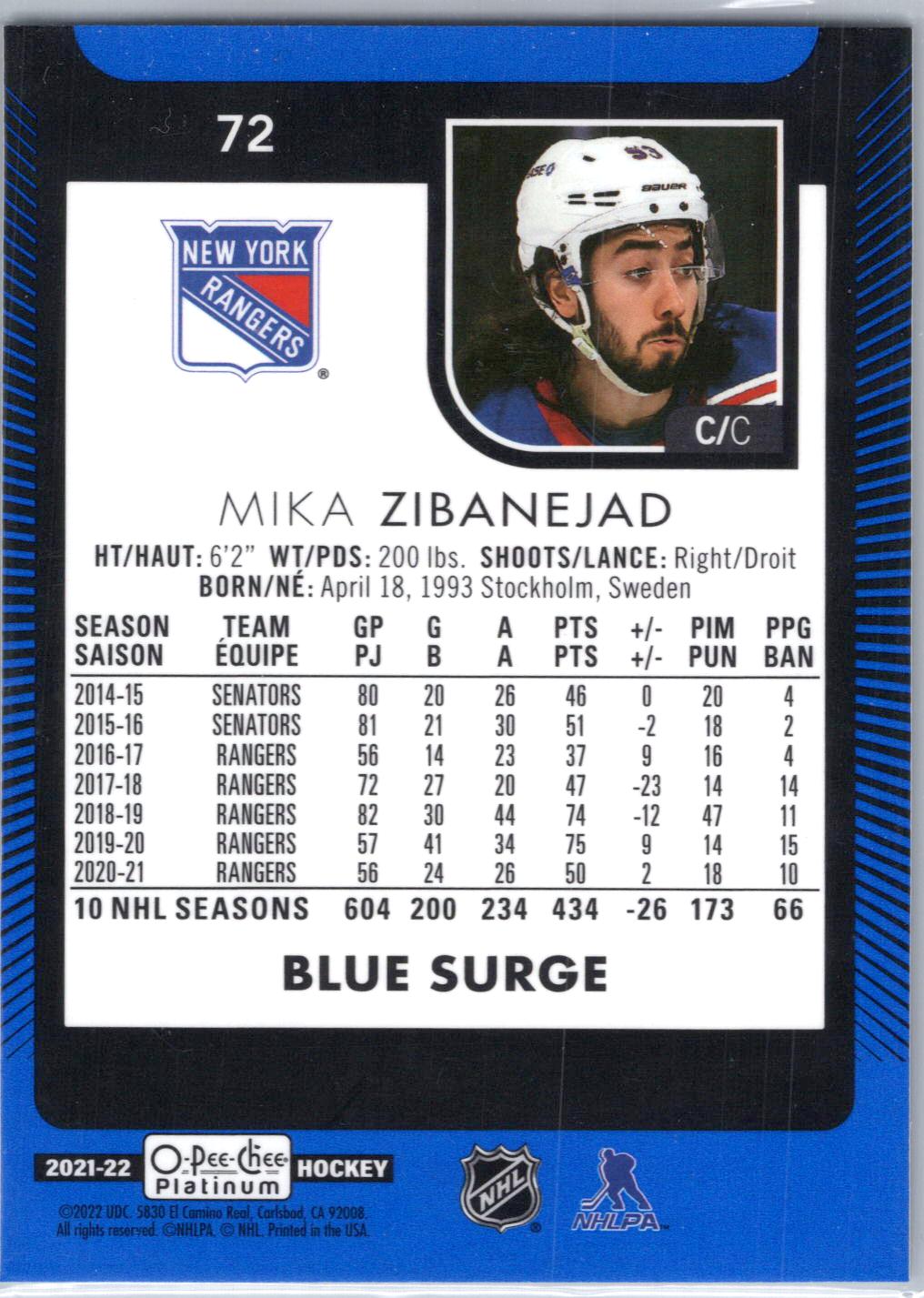 2021-22 O-Pee-Chee Platinum #72 Mika Zibanejad Blue-Surge