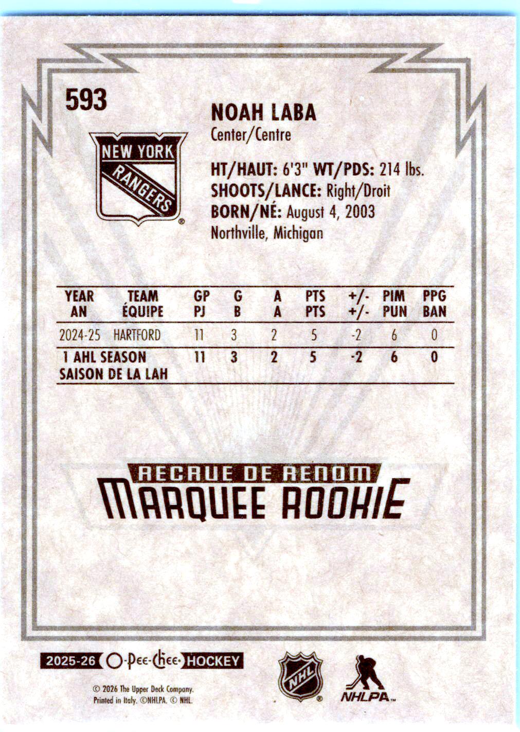 2025-26 O-Pee-Chee #NNO Noah Laba Retro Blank Backs