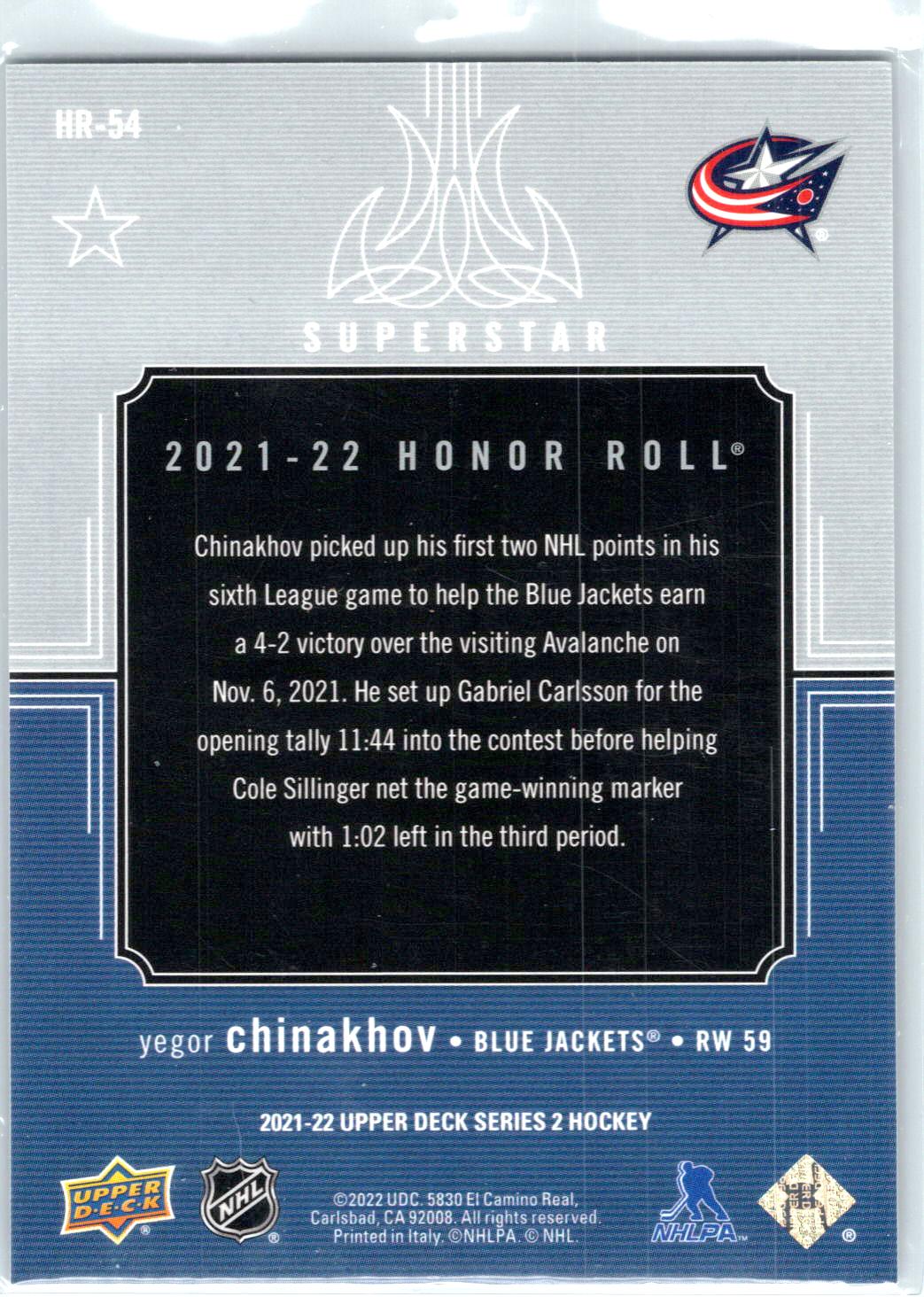 2021-22 Upper Deck #HR-54 Yegor Chinakhov Honor Roll