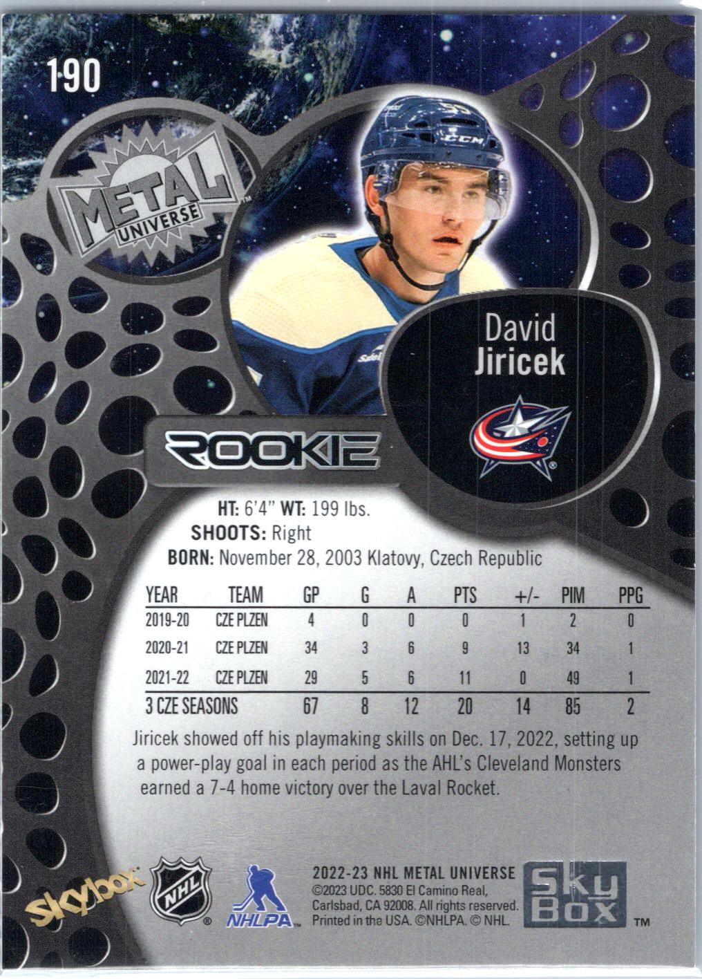 2022-23 SkyBox Metal Universe #190 David Jiricek