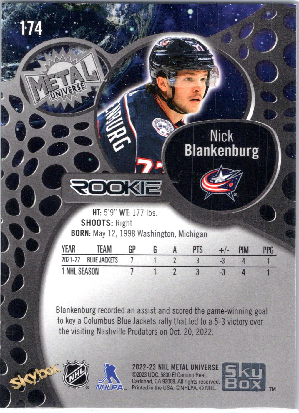 2022-23 SkyBox Metal Universe #174 Nick Blankenburg Spectrum FX Blue