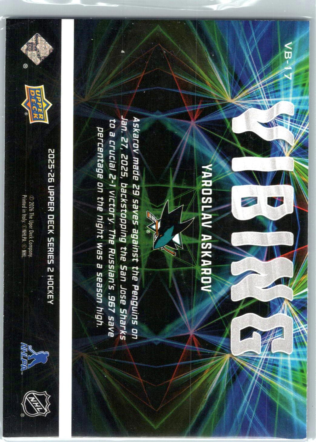 2025-26 Upper Deck #VB-17 Yaroslav Askarov Vibing