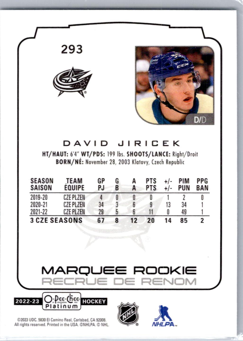 2022-23 O-Pee-Chee Platinum #293 David Jiricek
