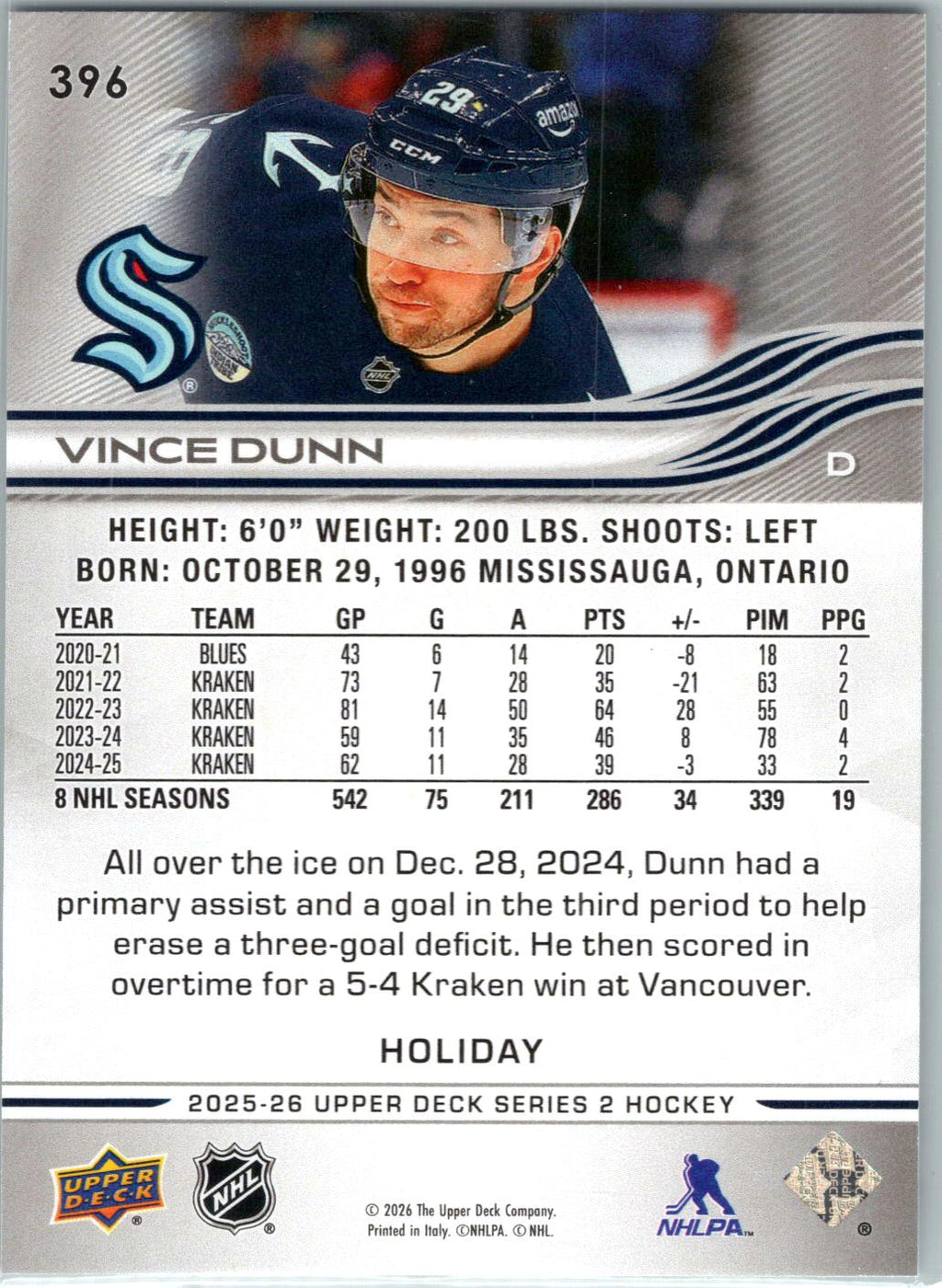 2025-26 Upper Deck #396 Vince Dunn Holiday
