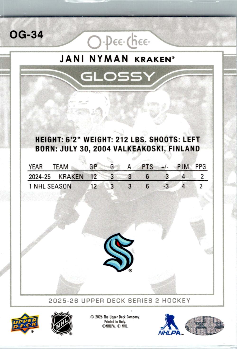 2025-26 Upper Deck #OG-34 Jani Nyman O-Pee-Chee Glossy