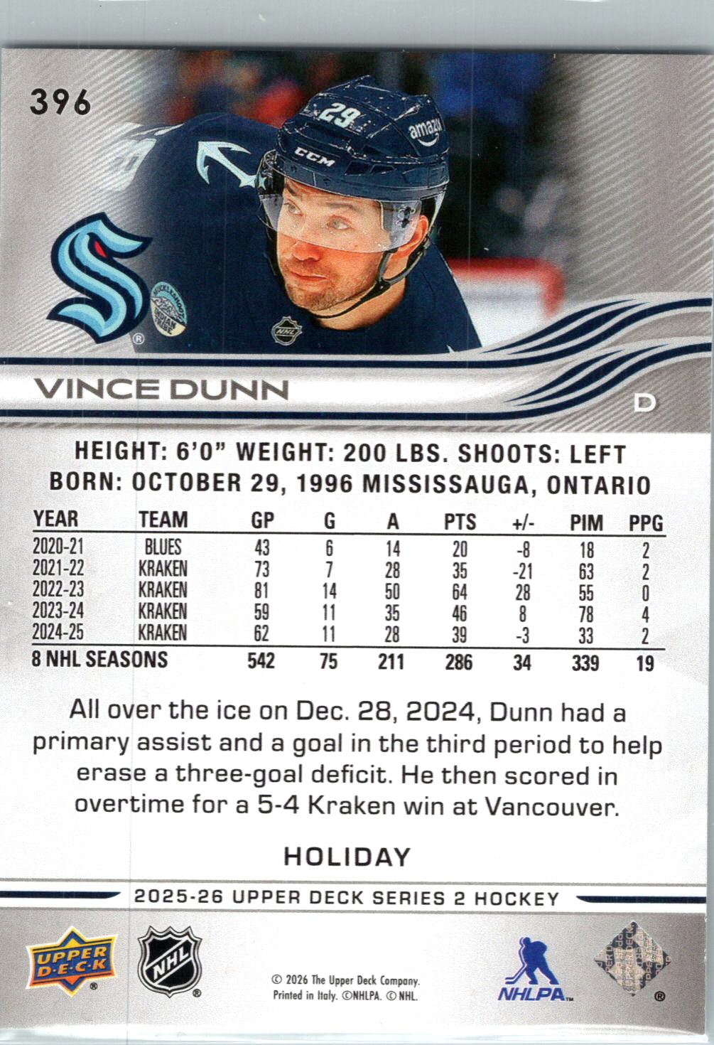 2025-26 Upper Deck #396 Vince Dunn Holiday