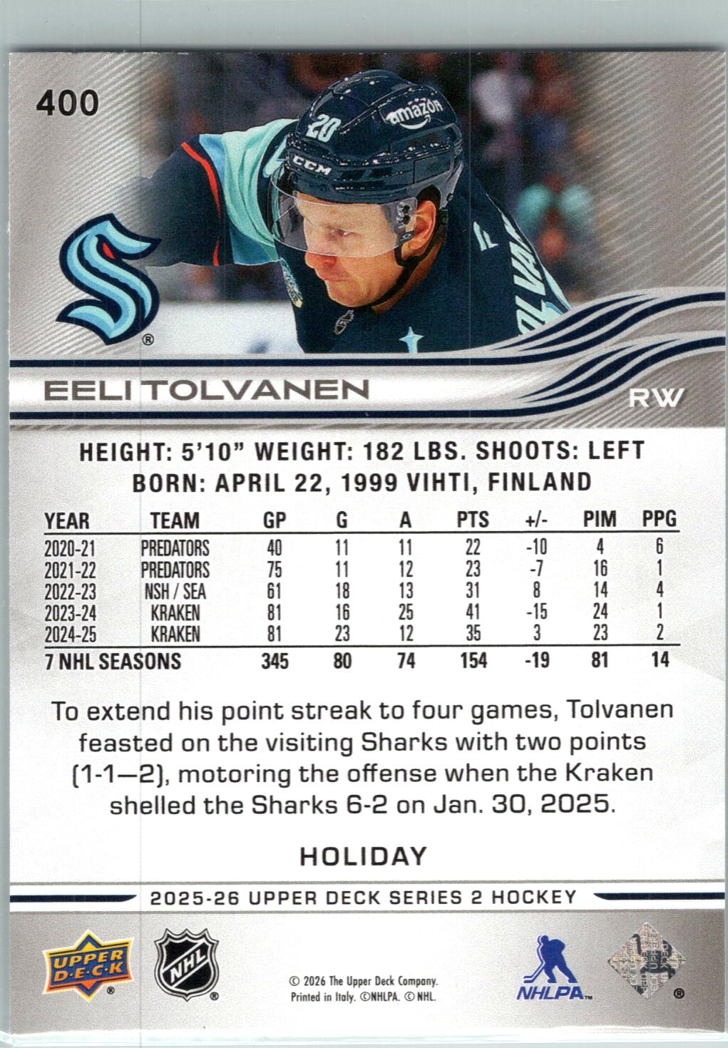 2025-26 Upper Deck #400 Eeli Tolvanen Holiday