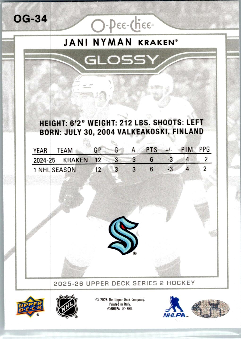 2025-26 Upper Deck #OG-34 Jani Nyman O-Pee-Chee Glossy