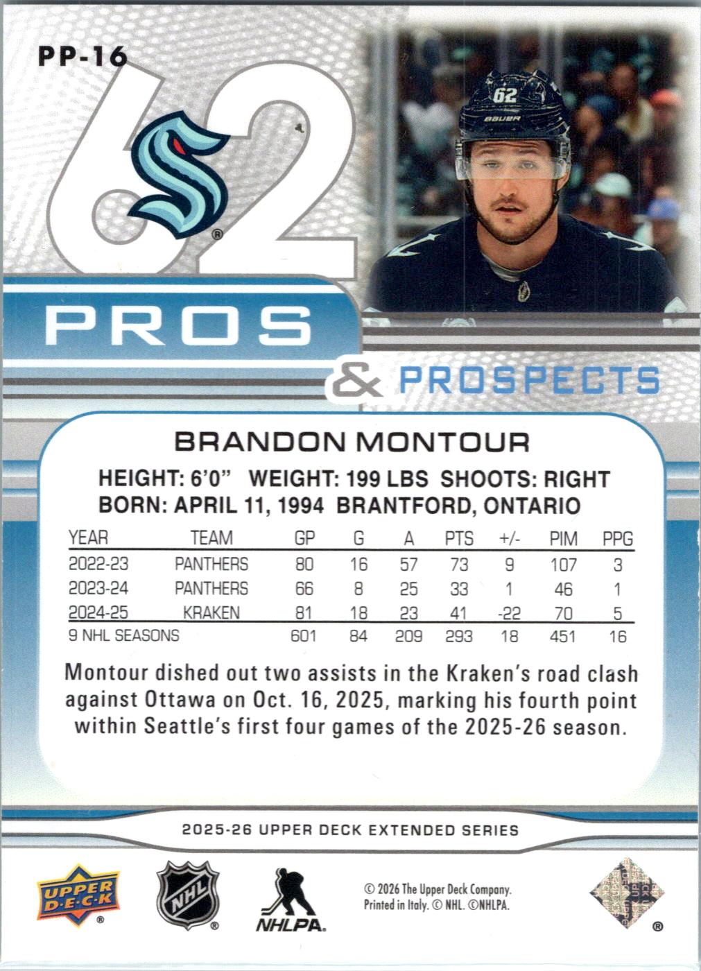 2025-26 Upper Deck #PP-16 Brandon Montour Pros and Prospects