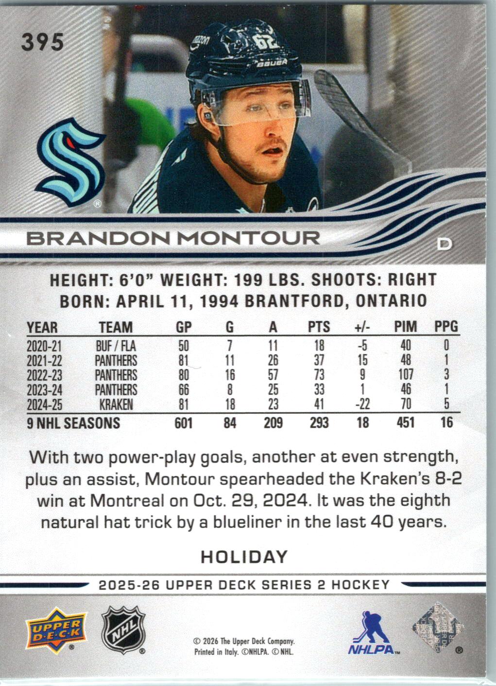 2025-26 Upper Deck #395 Brandon Montour Holiday