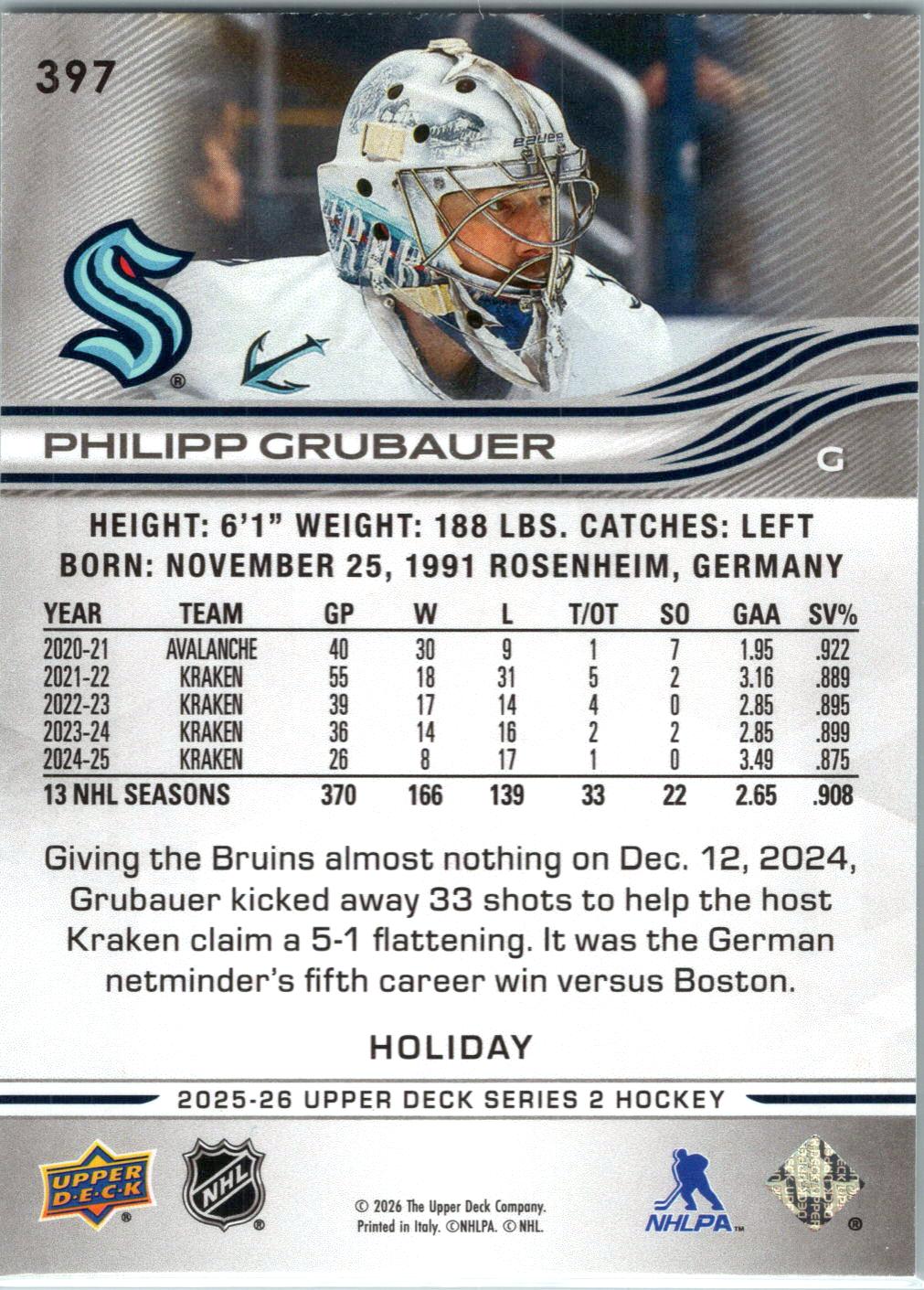 2025-26 Upper Deck #397 Philipp Grubauer Holiday