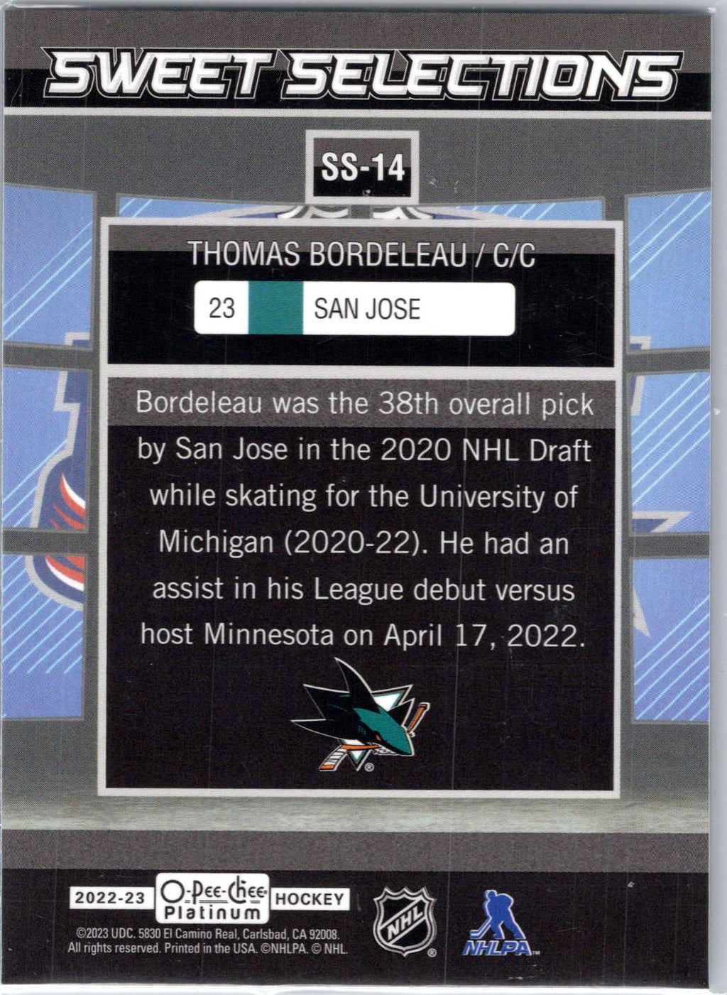 2022-23 O-Pee-Chee Platinum #SS-14 Thomas Bordeleau Sweet-Selections