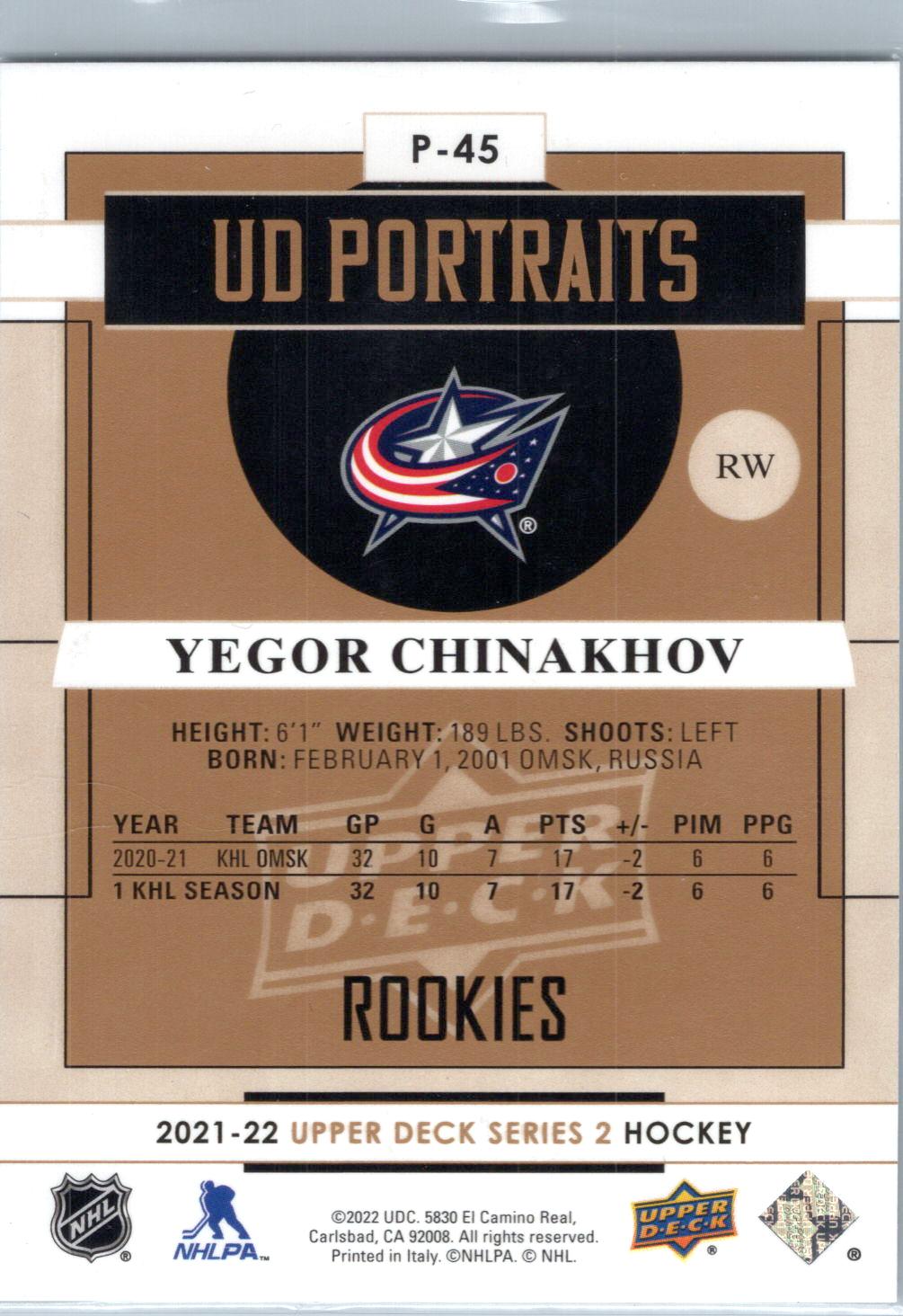2021-22 Upper Deck #P-45 Yegor Chinakhov UD Portraits