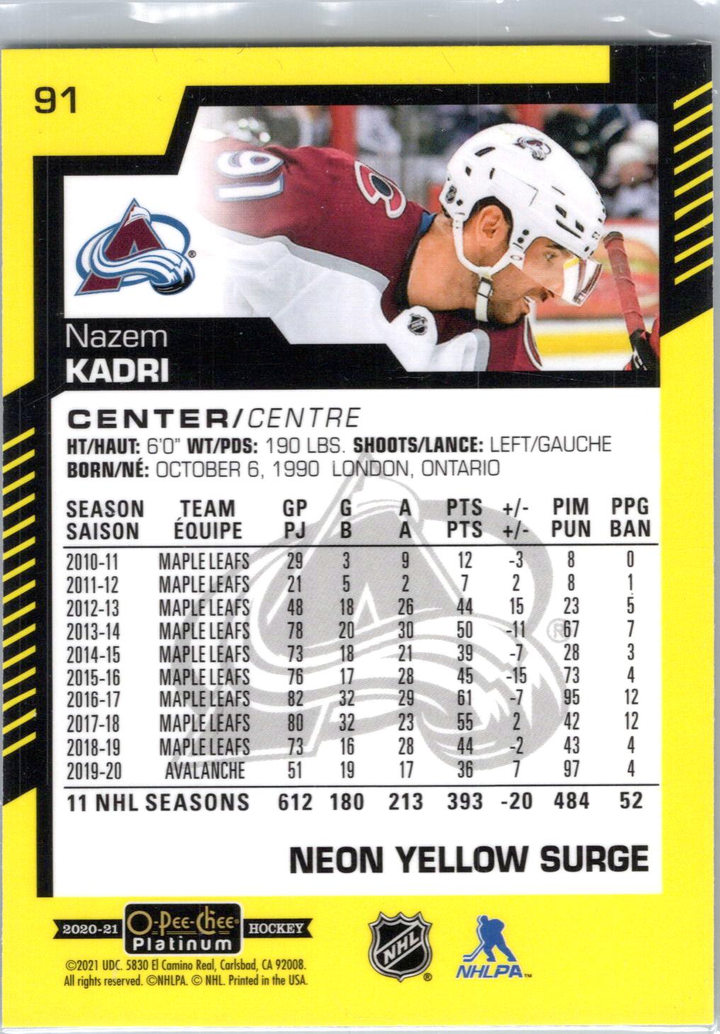 2020-21 O-Pee-Chee Platinum #91 Nazem Kadri Neon-Yellow-Surge