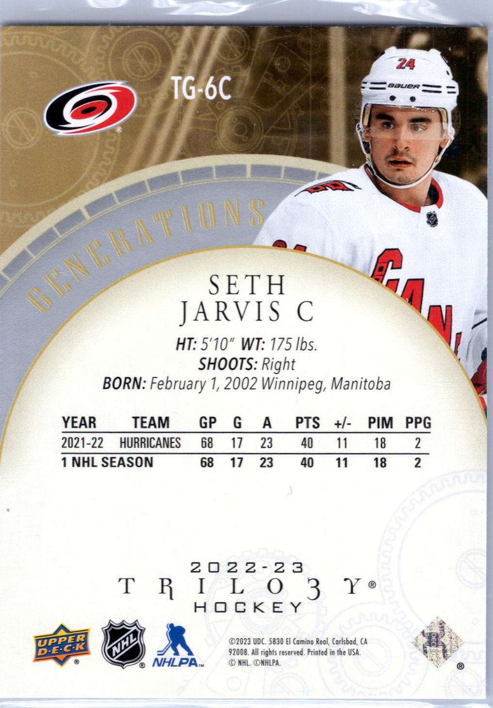 2022-23 Upper Deck Trilogy #TG-6C Seth Jarvis Generations Blue #/299