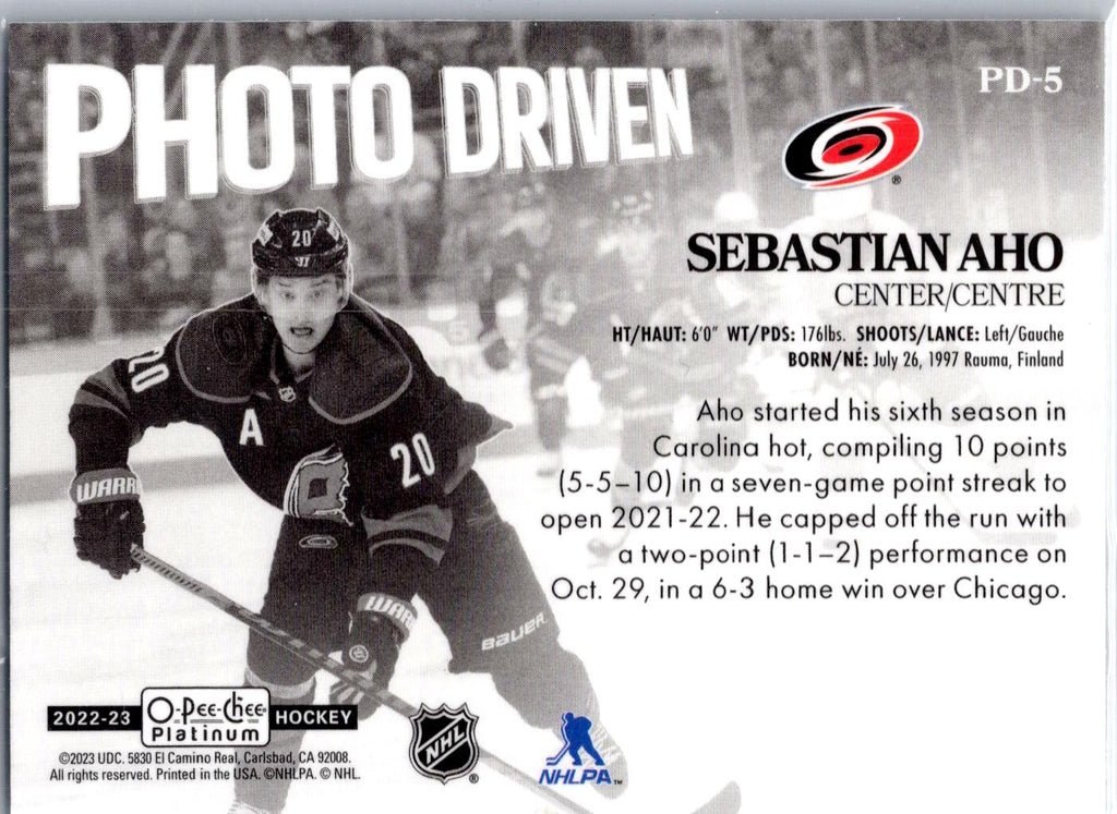 2022-23 O-Pee-Chee Platinum #PD-5 Sebastian Aho Photo-Driven