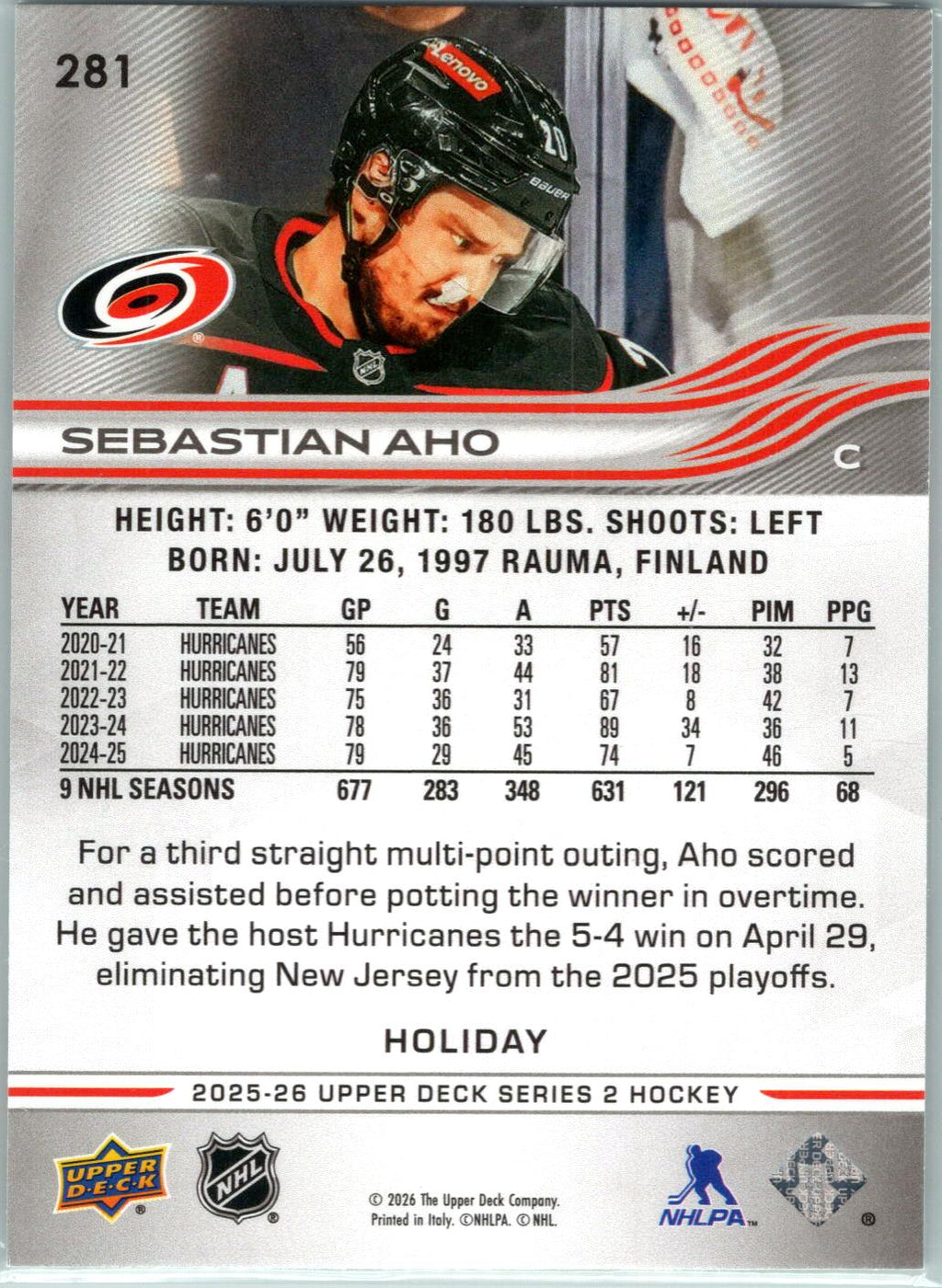 2025-26 Upper Deck #281 Sebastian Aho Holiday