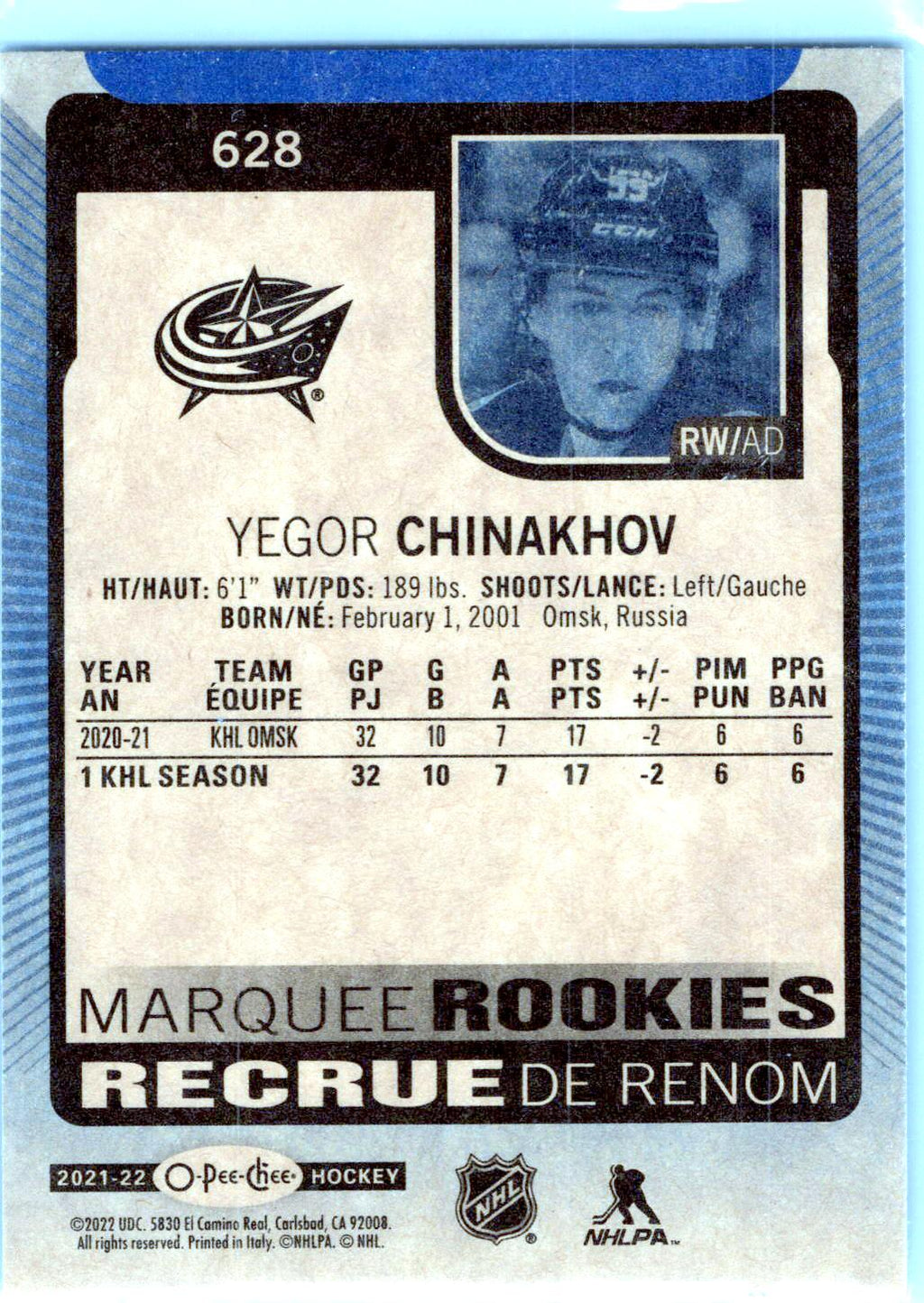 2021-22 Upper Deck #628 Yegor Chinakhov 2021-22 O-Pee-Chee Update