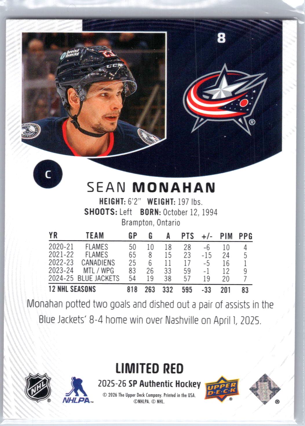 2025-26 SP Authentic #8 Sean Monahan Limited Red