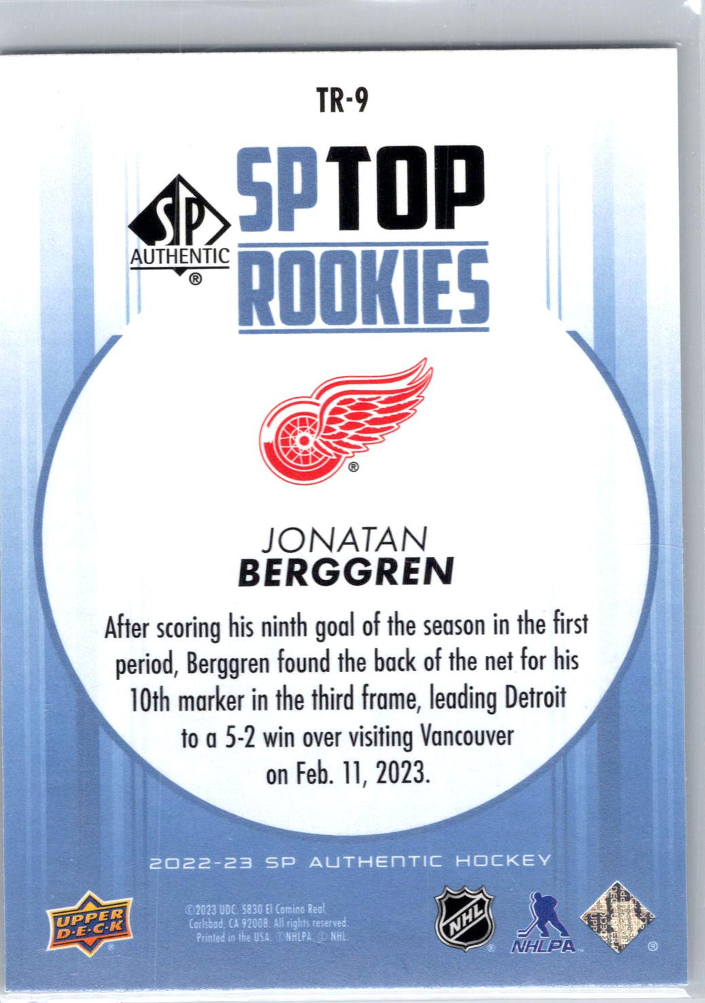2022-23 SP Authentic #TR-9 Jonatan Berggren Top Rookies