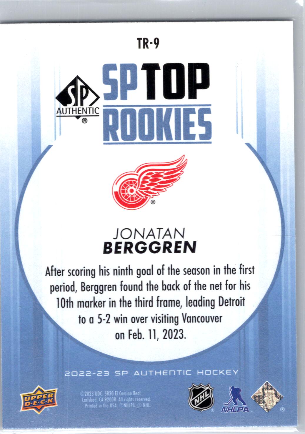 2022-23 SP Authentic #TR-9 Jonatan Berggren Top Rookies