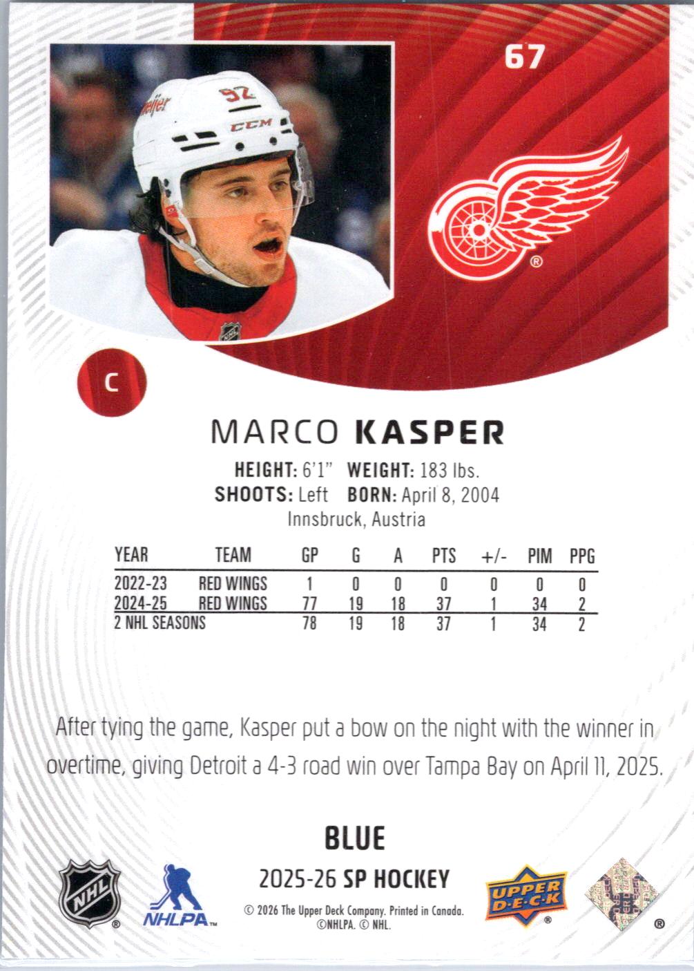 2025-26 SP #67 Marco Kasper Blue