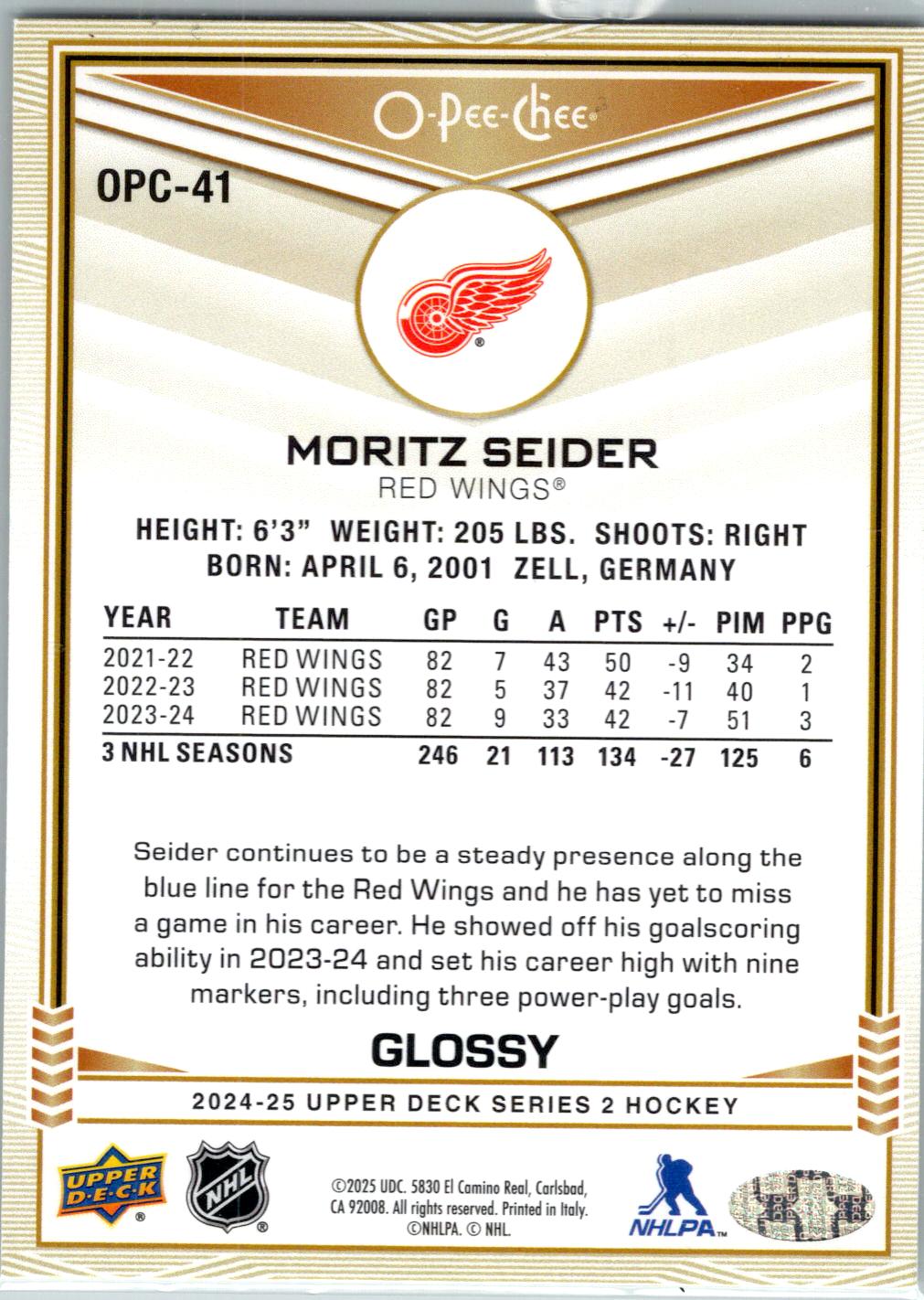 2024-25 Upper Deck #OPC-41 Moritz Seider O-Pee-Chee Glossy