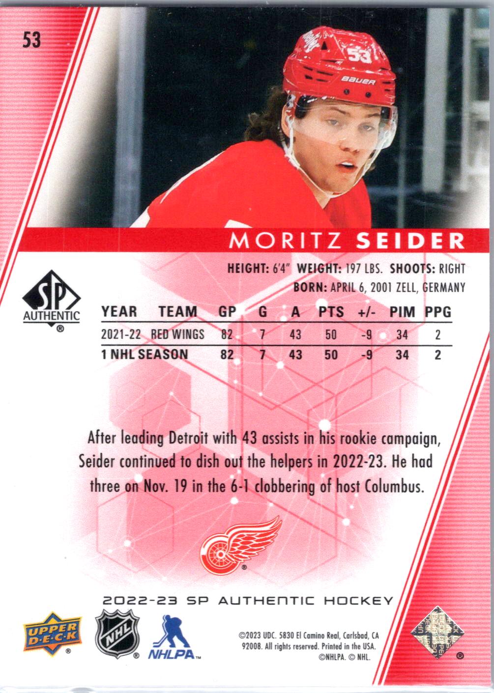 2022-23 SP Authentic #53 Moritz Seider Limited Red
