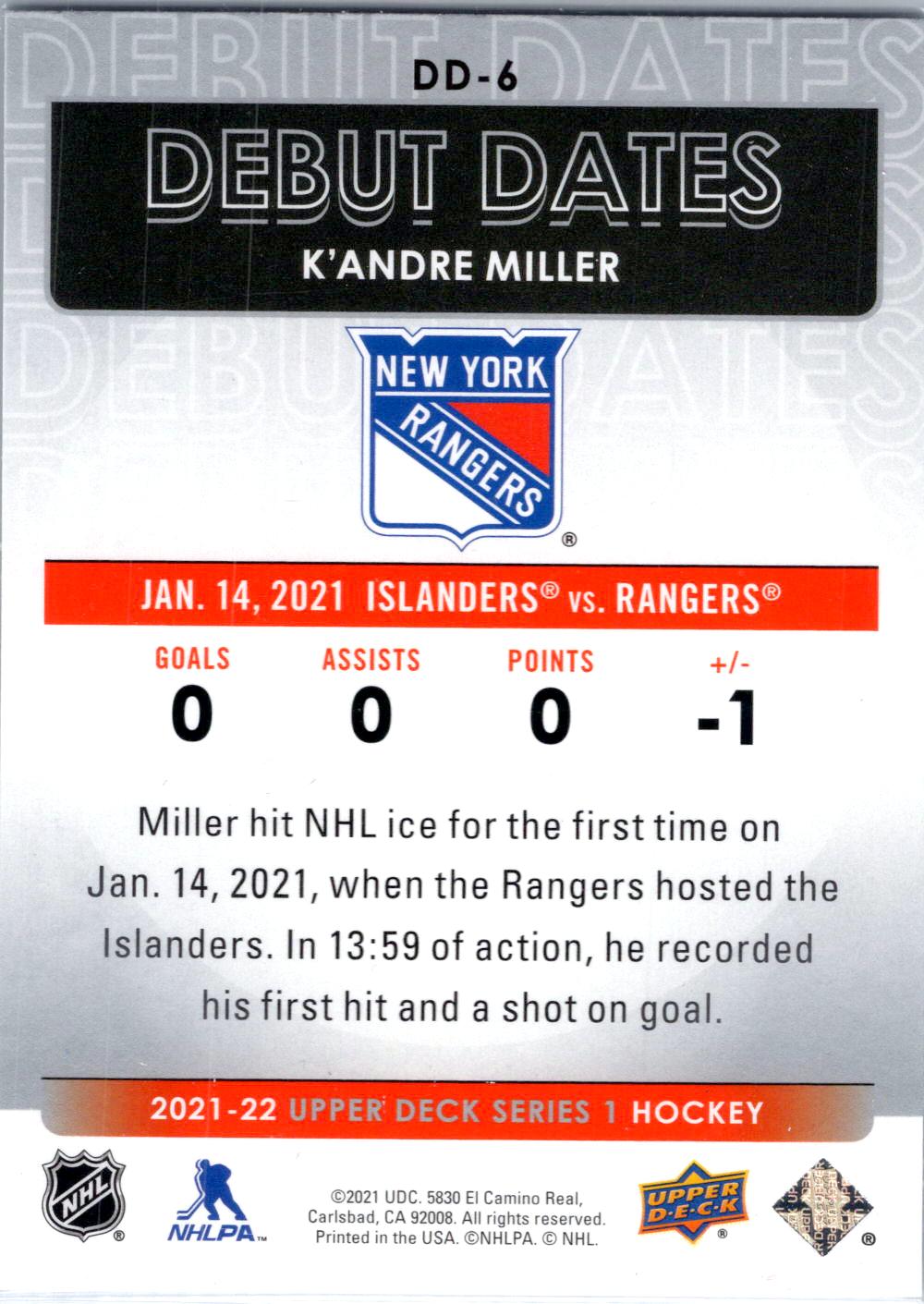 2021-22 Upper Deck #DD-6 K'Andre Miller Debut Dates