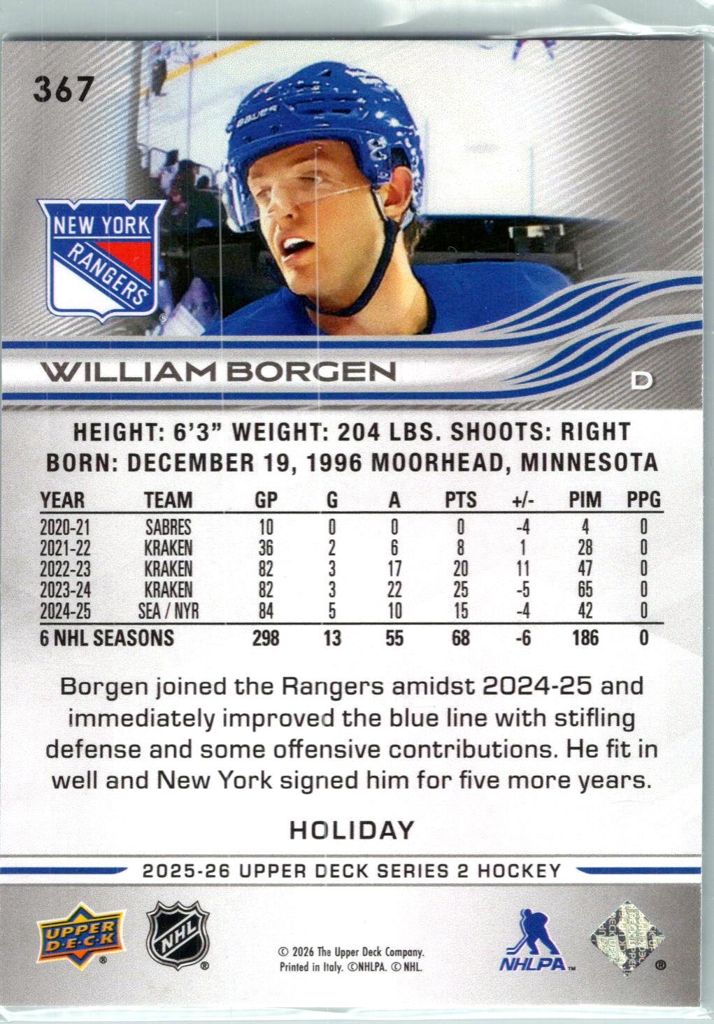 2025-26 Upper Deck #367 William Borgen Holiday