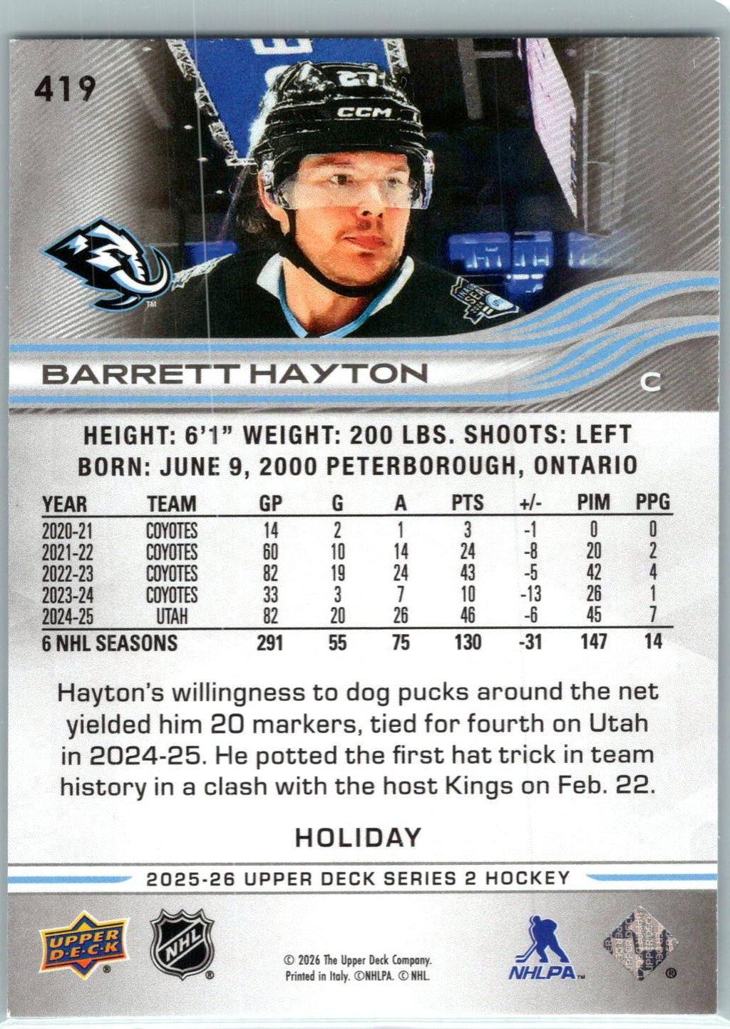 2025-26 Upper Deck #419 Barrett Hayton Holiday