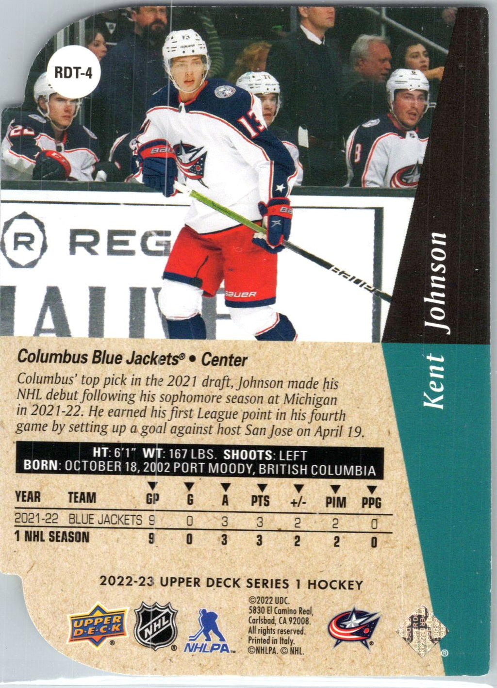 2022-23 Upper Deck #RDT-4 Kent Johnson 1994-95 Rookie Die Cut