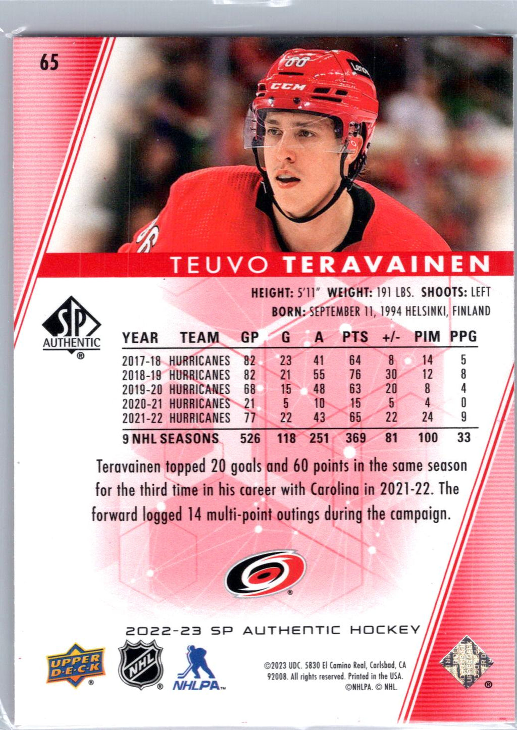 2022-23 SP Authentic #65 Teuvo Teravainen Limited Red
