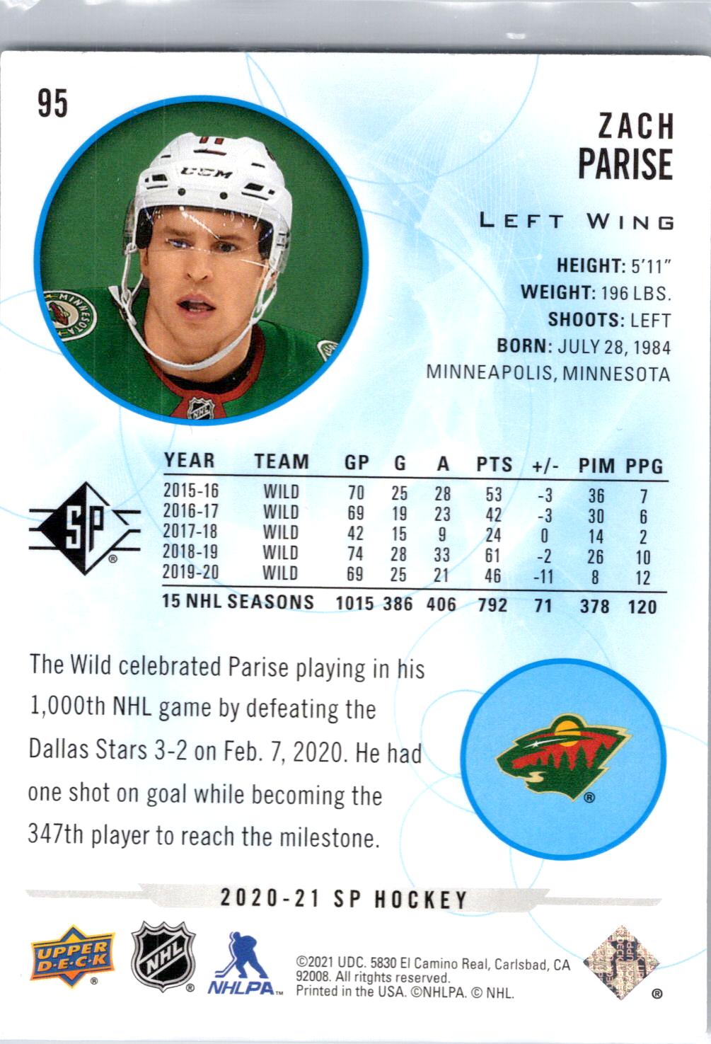 2020-21 SP Authentic #95 Zach Parise