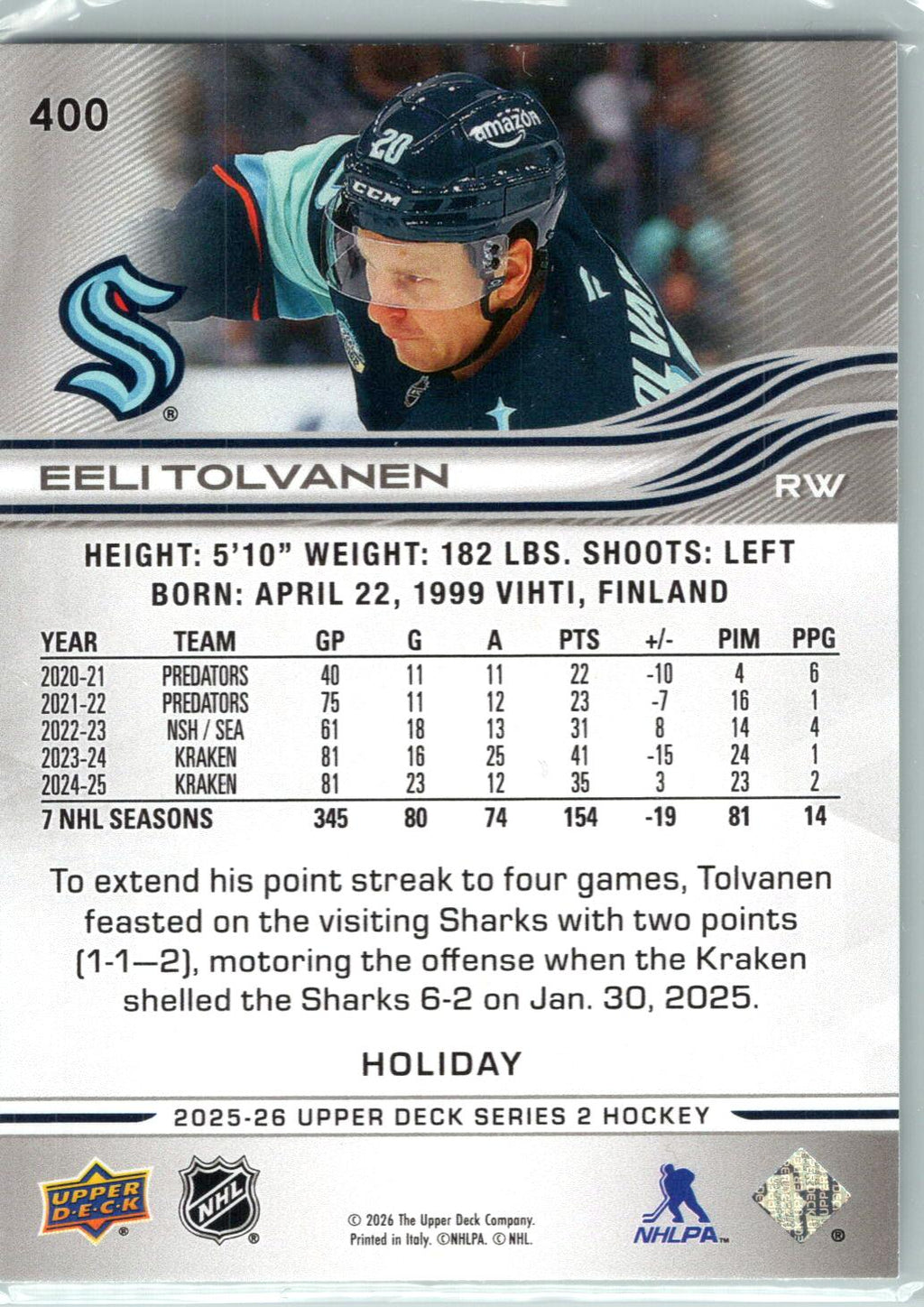 2025-26 Upper Deck #400 Eeli Tolvanen Holiday