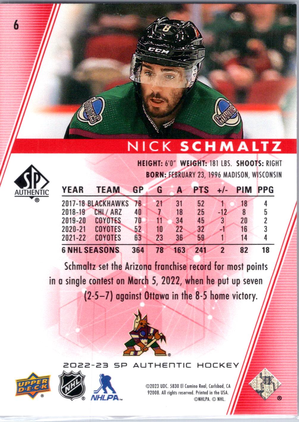 2022-23 SP Authentic #6 Nick Schmaltz Limited Red