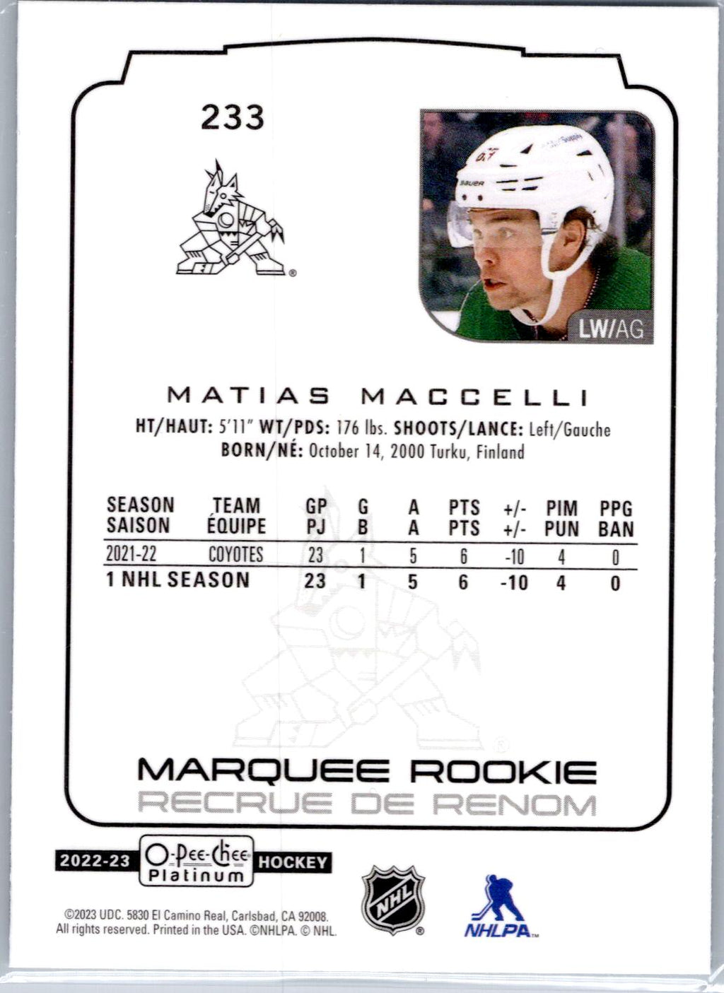 2022-23 O-Pee-Chee Platinum #233 Matias Maccelli