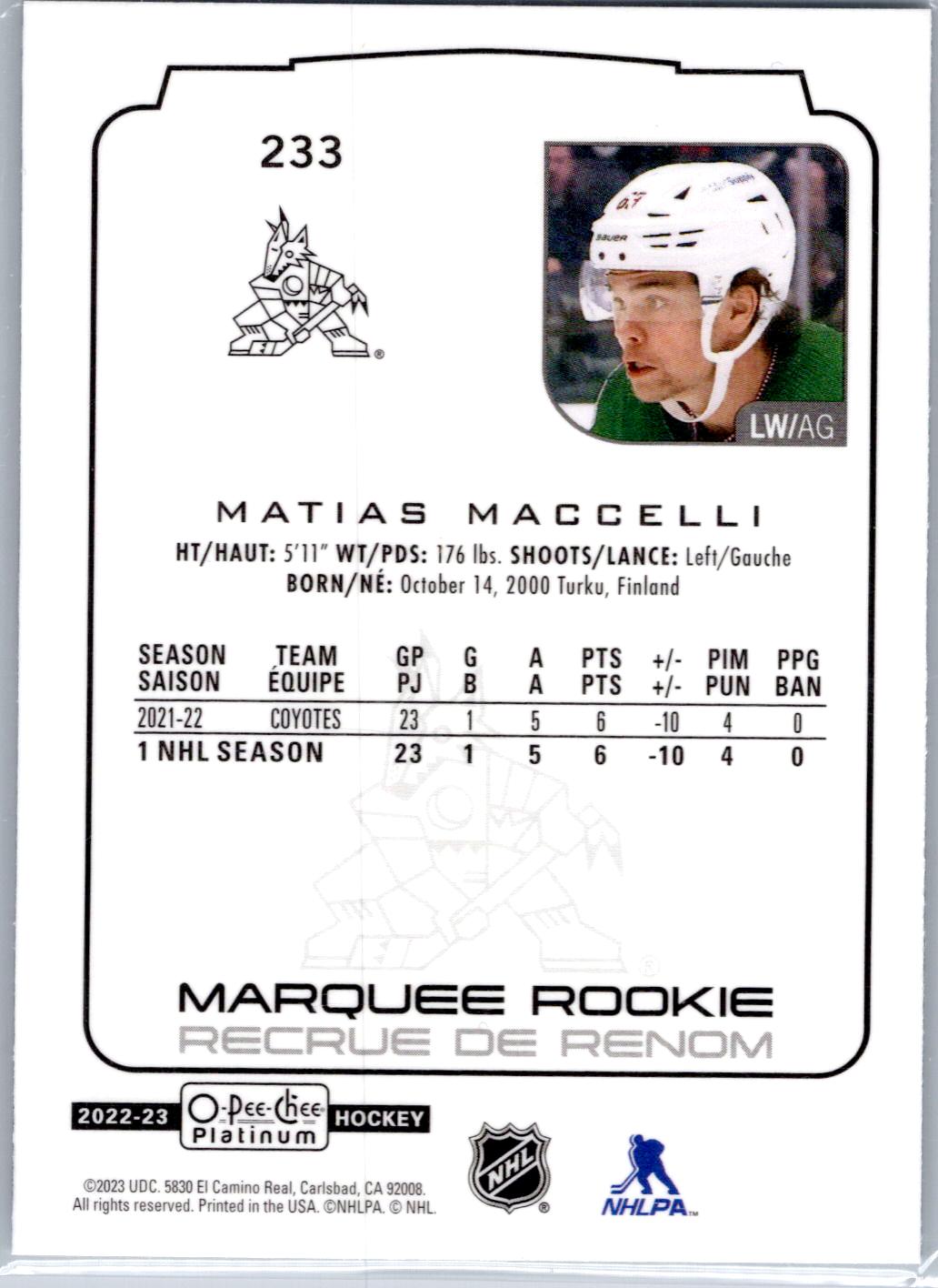 2022-23 O-Pee-Chee Platinum #233 Matias Maccelli