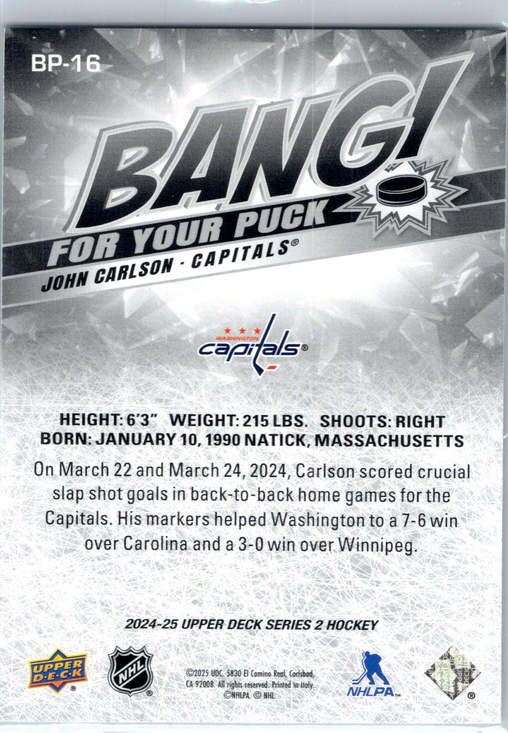 2024-25 Upper Deck #BP-16 John Carlson Bang! For Your Puck