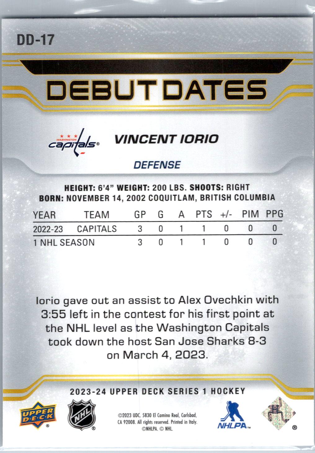 2023-24 Upper Deck #DD-17 Vincent Iorio Debut Dates