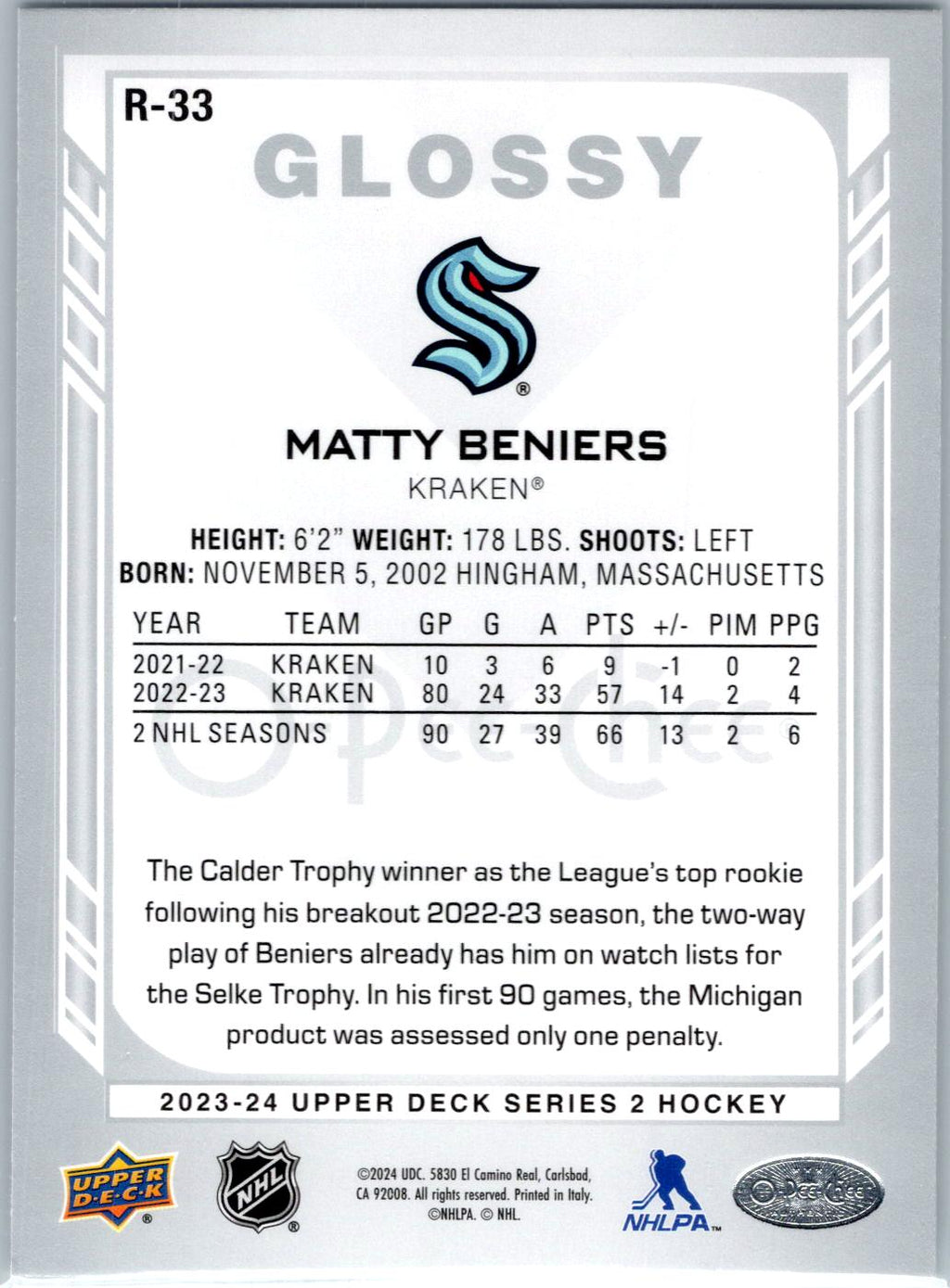 2023-24 Upper Deck #R-33 Matty Beniers O-Pee-Chee Glossy