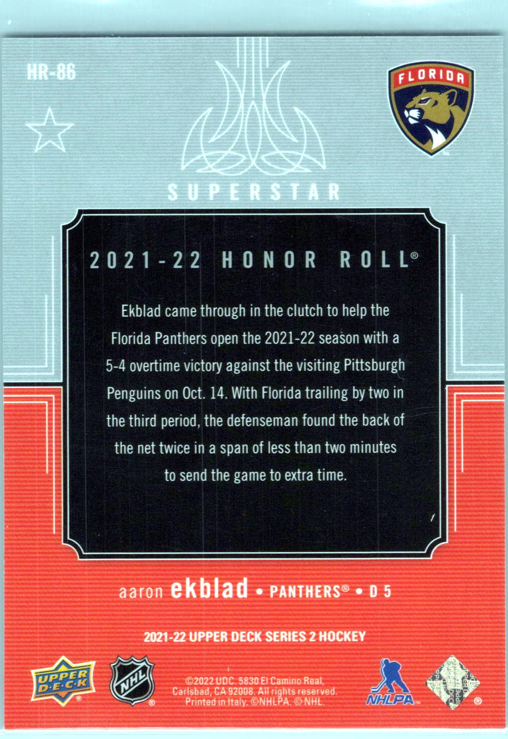 2021-22 Upper Deck #HR-86 Aaron Ekblad Honor Roll