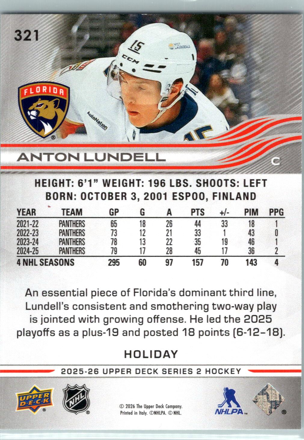 2025-26 Upper Deck #321 Anton Lundell Holiday