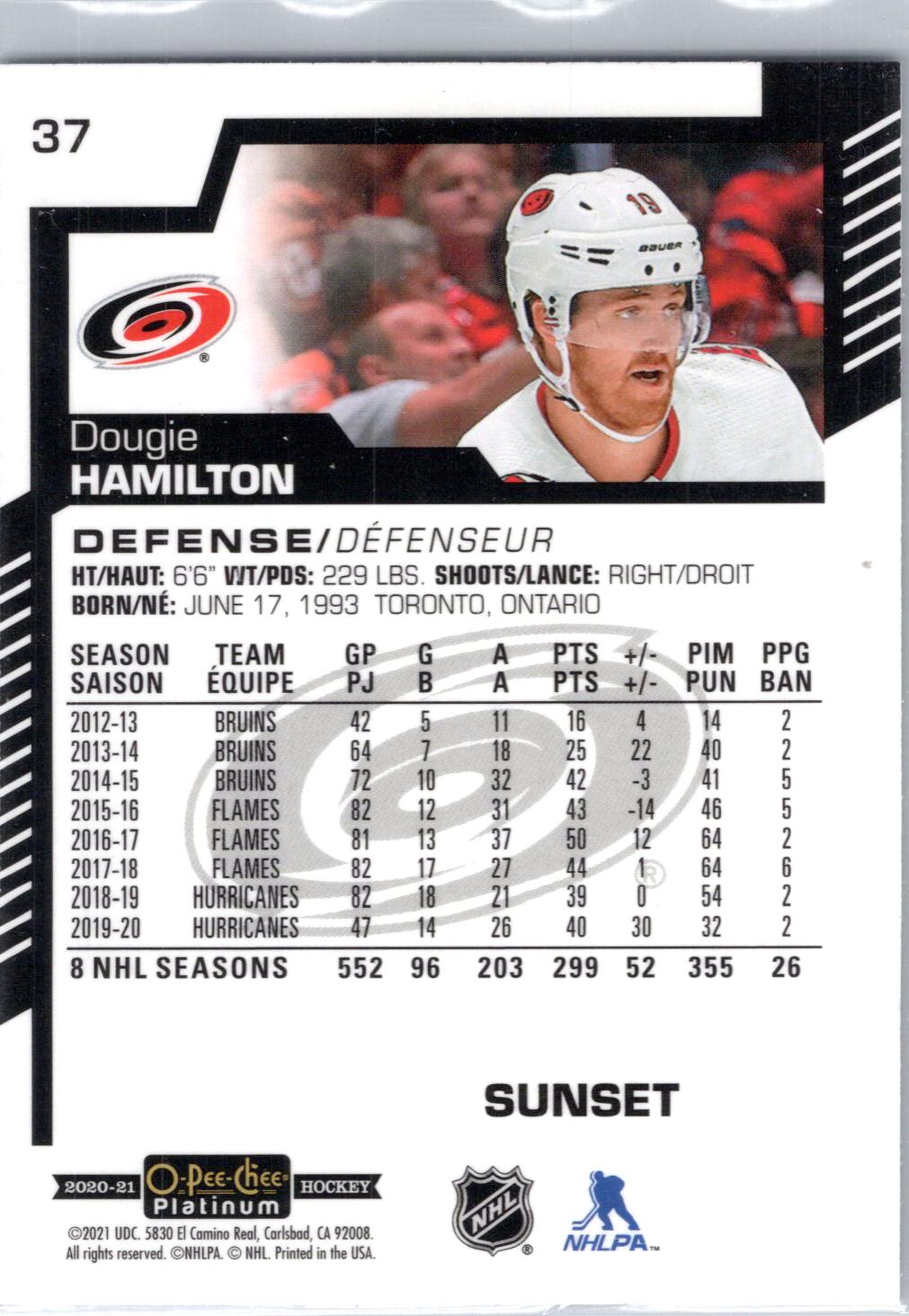 2020-21 O-Pee-Chee Platinum #37 Dougie Hamilton Sunset