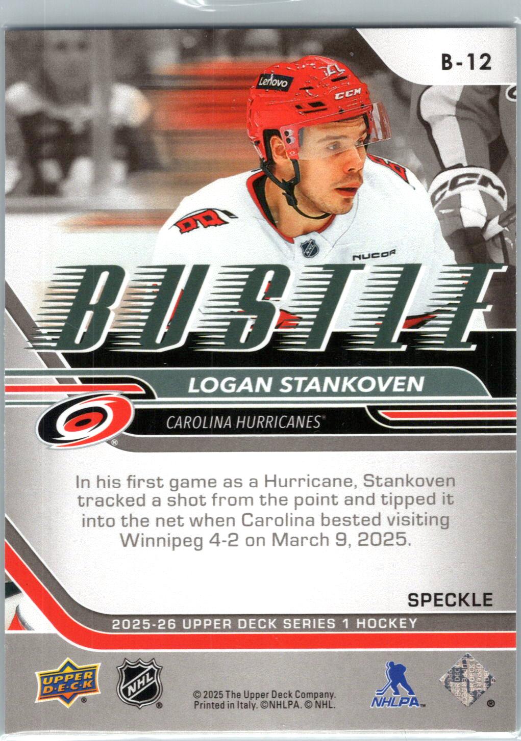 2025-26 Upper Deck #B-12 Logan Stankoven Bustle Speckle