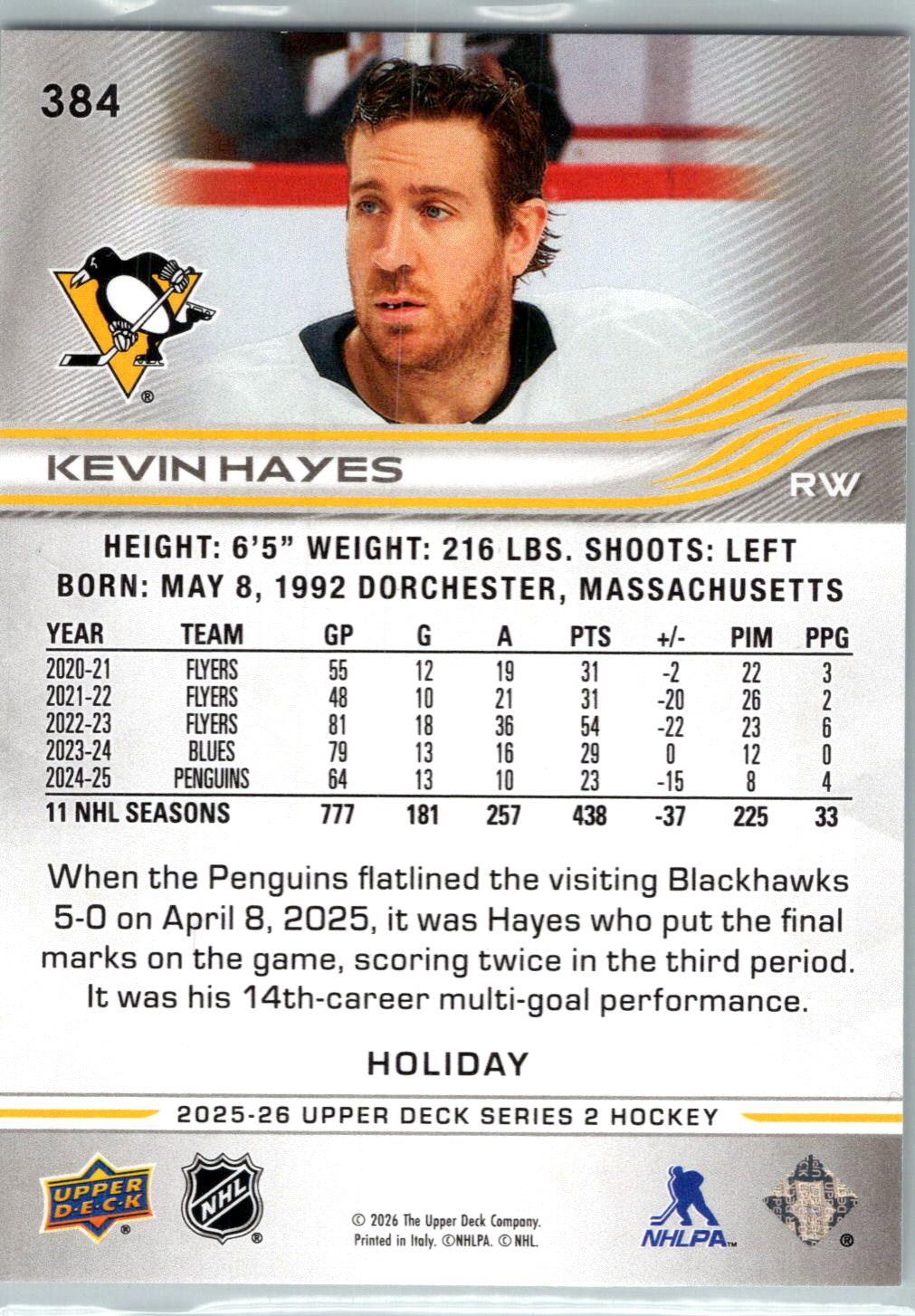 2025-26 Upper Deck #384 Kevin Hayes Holiday
